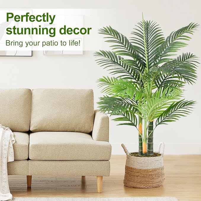 4ft Tall Triple Golden Cane Palm Artificial Tree Large Tropical Palm Tree UV Resistant Fake Plant in Pot for Indoor Outdoor Big House Living Room Outside Patio Office Home Decor 1Pack