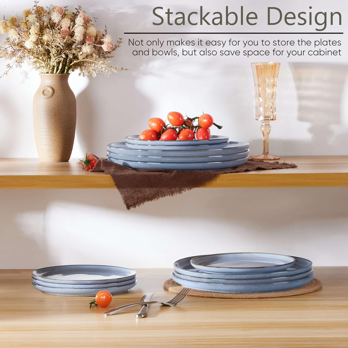 Herogo 6-Piece Stoneware Dinner Plates Set, 7.9" Ceramic Round Dessert Plate Set, Small Handmade Double Reactive Glaze Dinnerware Plates for Kitchen, Microwave, Oven and Dishwasher Safe, Haze Blue