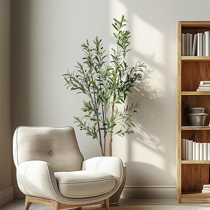 5FT Artificial Olive Tree Tall Faux Silk Plant Tall Faux Olive Tree with Natural Wood Trunk & Lifelike Fruits Fake Potted Tree or Home Office Decor