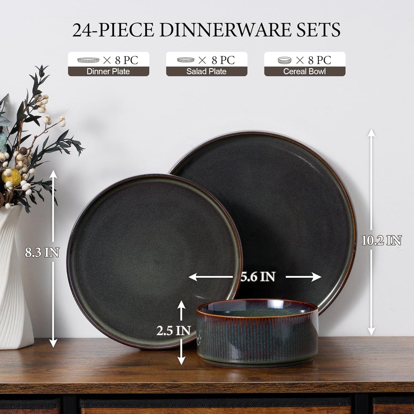 E-far 24-Piece Stoneware Dinnerware Sets, Plates and Bowls Sets for 8, Kitchen Modern Dinning Porcelain Dishes Set, Chip & Scratch Resistant, Dishwasher & Microwave Safe, Blackish Green