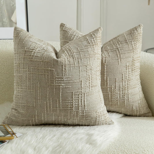 MANDIOO Pack of 2 Soft Chenille Textured Throw Pillow Covers Square Accent Solid Decorative Cushion Cover Cozy Farmhouse Pillow Case for Couch Sofa Bed Living Room 22x22 Inch Khaki