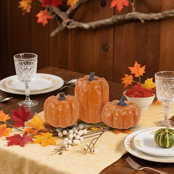 winemana Pumpkins Fall Decor Set of 3 - Artificial Resin Thanksgiving Table Centerpiece for Home Mantel Porch Office & Farmhouse, Decorative Elegant Pumpkin Autumn Harvest Decorations (Orange)