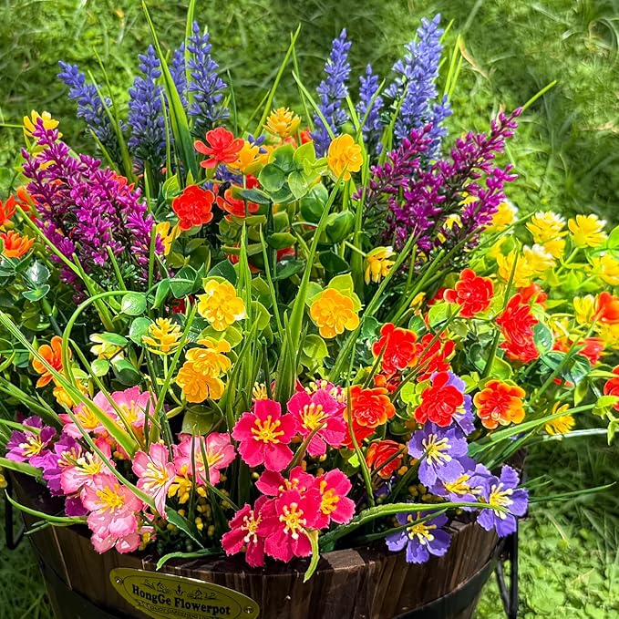 16 Bundles Artificial Flowers for Outdoor,No Fade UV Resistant Fake Flowers,Faux Plants for Outside Hanging Planters,Artificial Plants for Indoor Porch Garden Home Wedding Farmhouse Decor