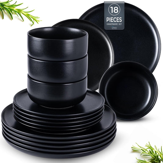 LERATIO Stoneware Dinnerware Sets for 6,Handcarft Ceramic Plates and Bowls Sets,Chip and Scratch Resistant Dishes, Dishwasher & Microwave Safe, Oven safe,Reactive Glaze-Black