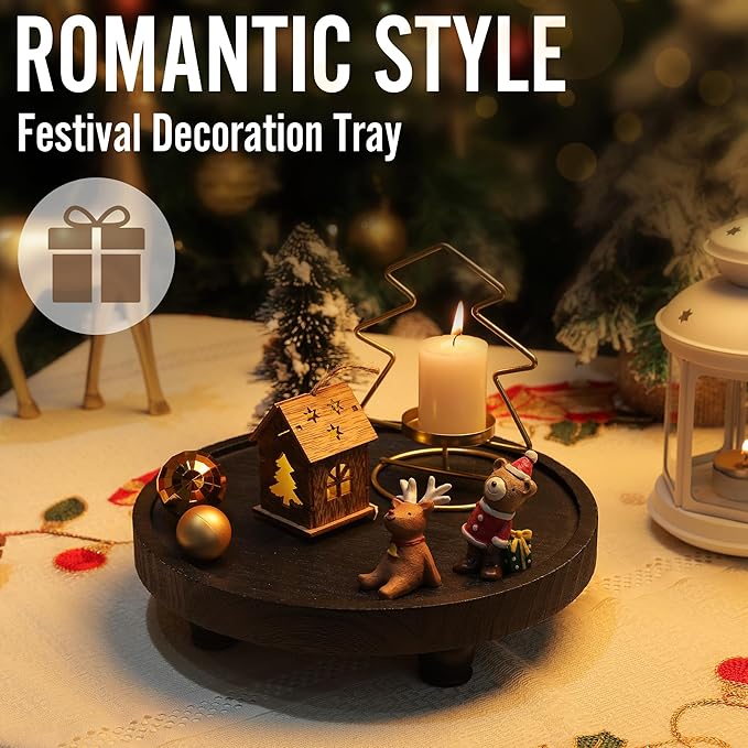 Tikea Farmhouse Wood Display Riser, 10 in. Farmhouse Pedestal Stand for Living Room Kitchen Bathroom Counter Decor, Round Display Tray for Coffee and Soap Dispenser (Black)