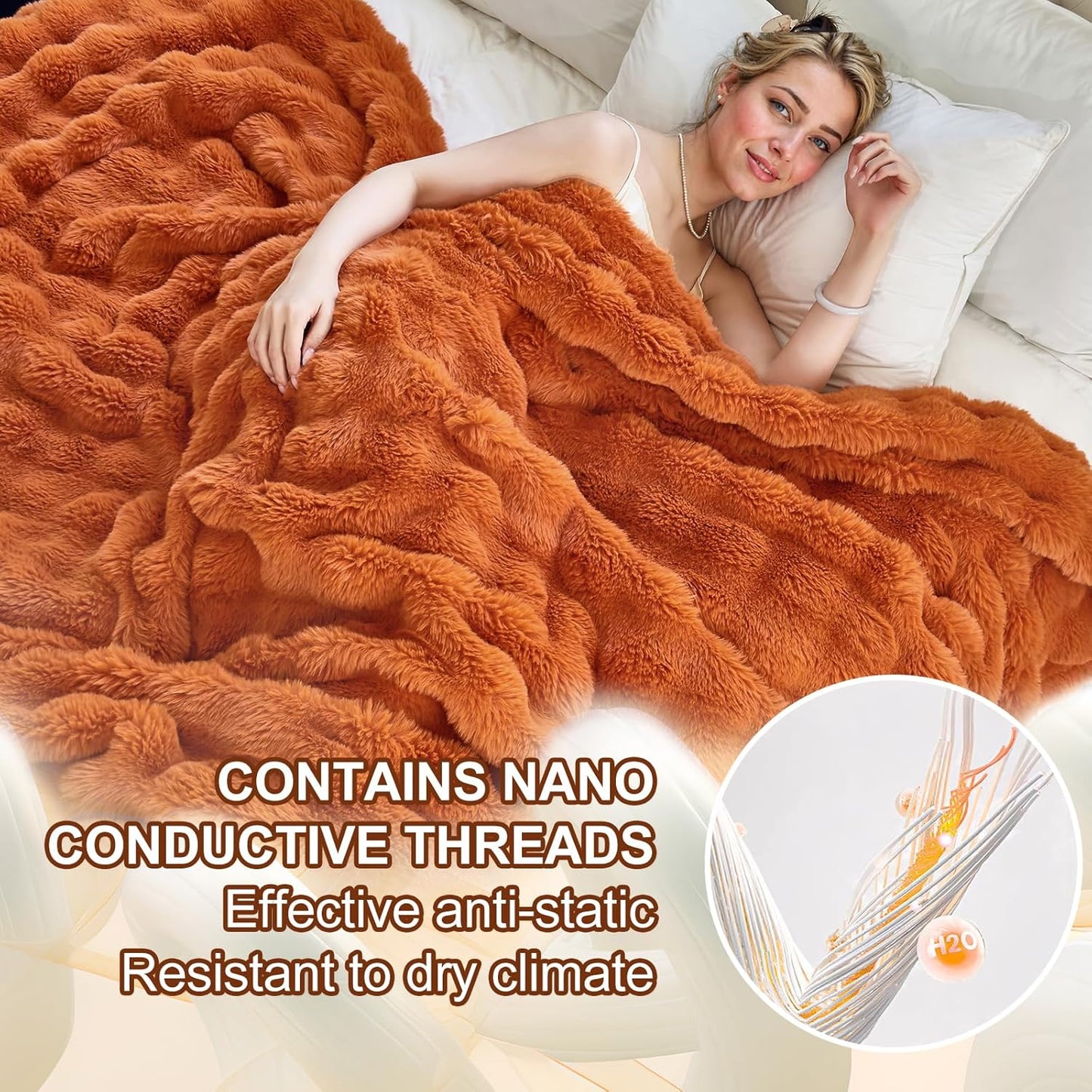 Faux Fur Caramel Orange Throw Blanket for Couch - Super Soft Heavy Flufyy Thick Bubble Throw Blankets for Bed Bedroom Living Room Farmhouse Sofa Chair Fall Winter Warm, 50x60 Inch