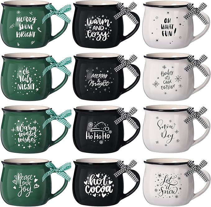 Zubebe Christmas Coffee Mugs Set of 12, 12 oz Hot Cocoa Ceramic Holiday Mugs Set for Mom, Woman, Family, Friend - Farmhouse Tiered Tray Decor, Coffee Bar Decor(Dark Green, Black, White)