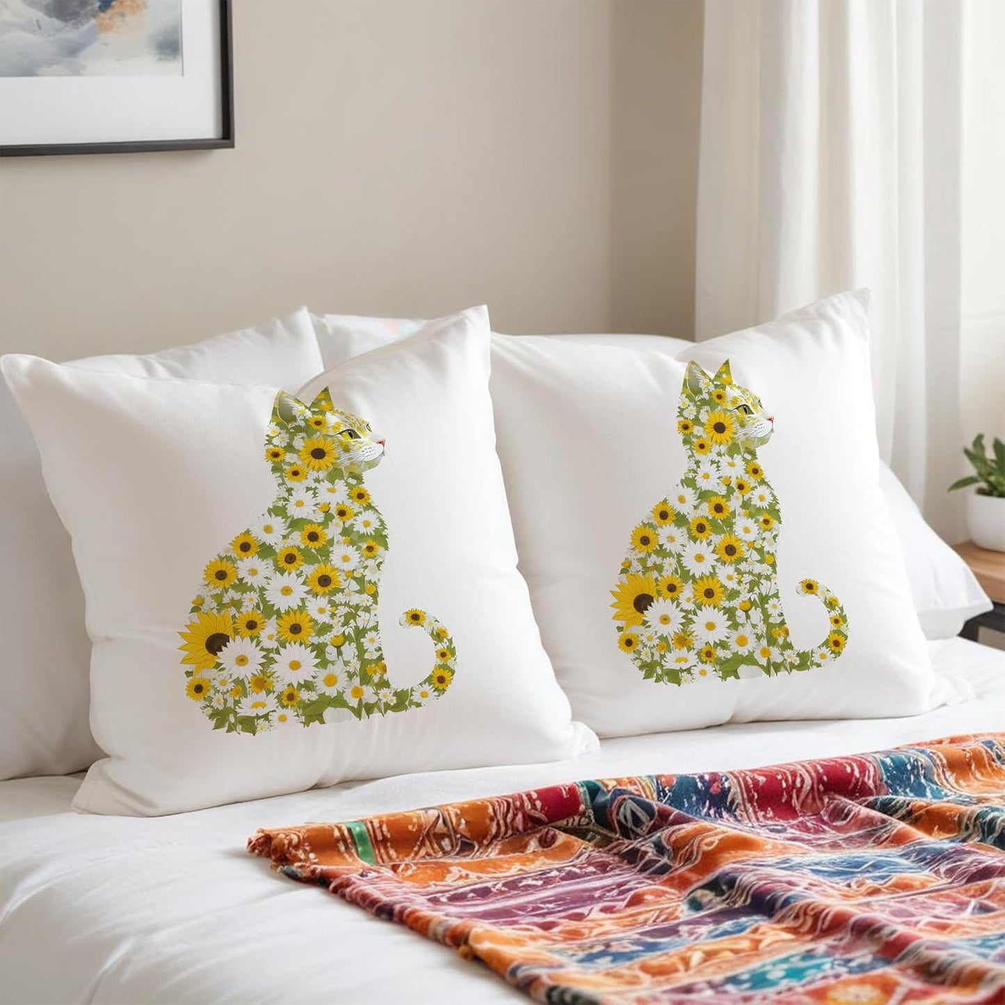 Daisy Floral Cat Pillow Covers 18x18, Gifts for Cat Lovers Mom Lady Owners, Elegant Kitten Kitty Decorative Pillow Covers for Home Bedroom Living Room Decor, Pet Lover Gifts