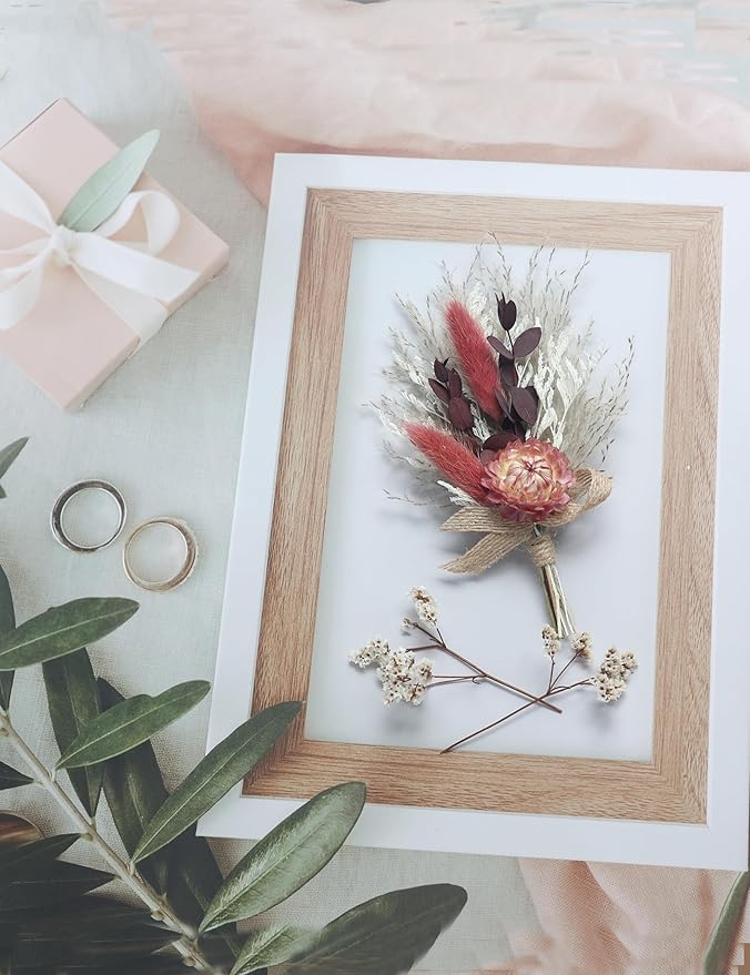 xin's convey Burgundy Mini Dried Flower Bouquet Set of 6, Small Pampas Grass, Groom's Corsage, Dinner Plate Decoration, Bridesmaid Proposal Gift Box Bouquet, Birthday Cake Vase Decoration. (Burgundy)