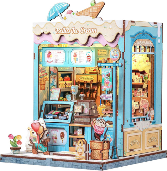 CUTEBEE Book Nook Kit - DIY Miniature House Dollhouse Kit for Adults and Teens, Booknook Tiny House Ice Cream Shop Bookshelf Decor 3D Wooden Puzzle, Gifts for Family, Friends (Bella's Ice Cream)