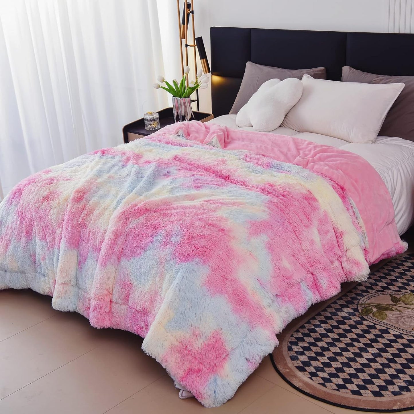 GONAAP Fuzzy Faux Fur Throw Blanket Queen Size Tie-dye Rainbow Super Soft Cozy Plush Fuzzy Shaggy Blanket for Couch Sofa Bed (Tie-dye Rainbow, Queen(90"x90"))