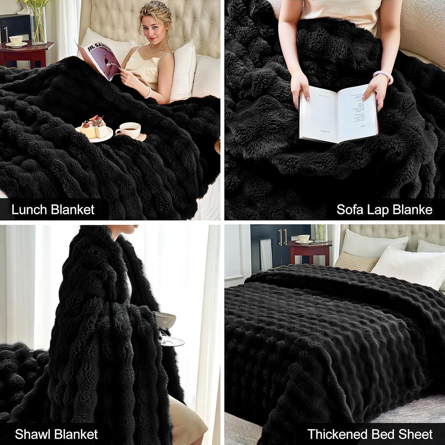 Faux Fur Black Throw Blanket for Couch - Super Soft Heavy Flufyy Thick Bubble Throw Blankets for Bed Bedroom Living Room Farmhouse Sofa Chair Fall Winter Warm, 50x60 Inch