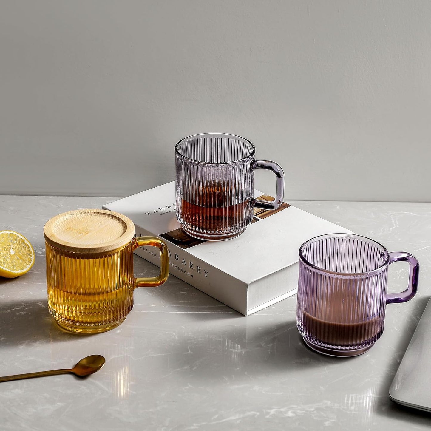 Lysenn Glass Coffee Mug with Lid - Premium Classical Vertical Stripes Glass Tea Cup - for Latte, Tea, Chocolate, Juice, Water - Lead-Free - Bamboo Lid - Amethyst Purple