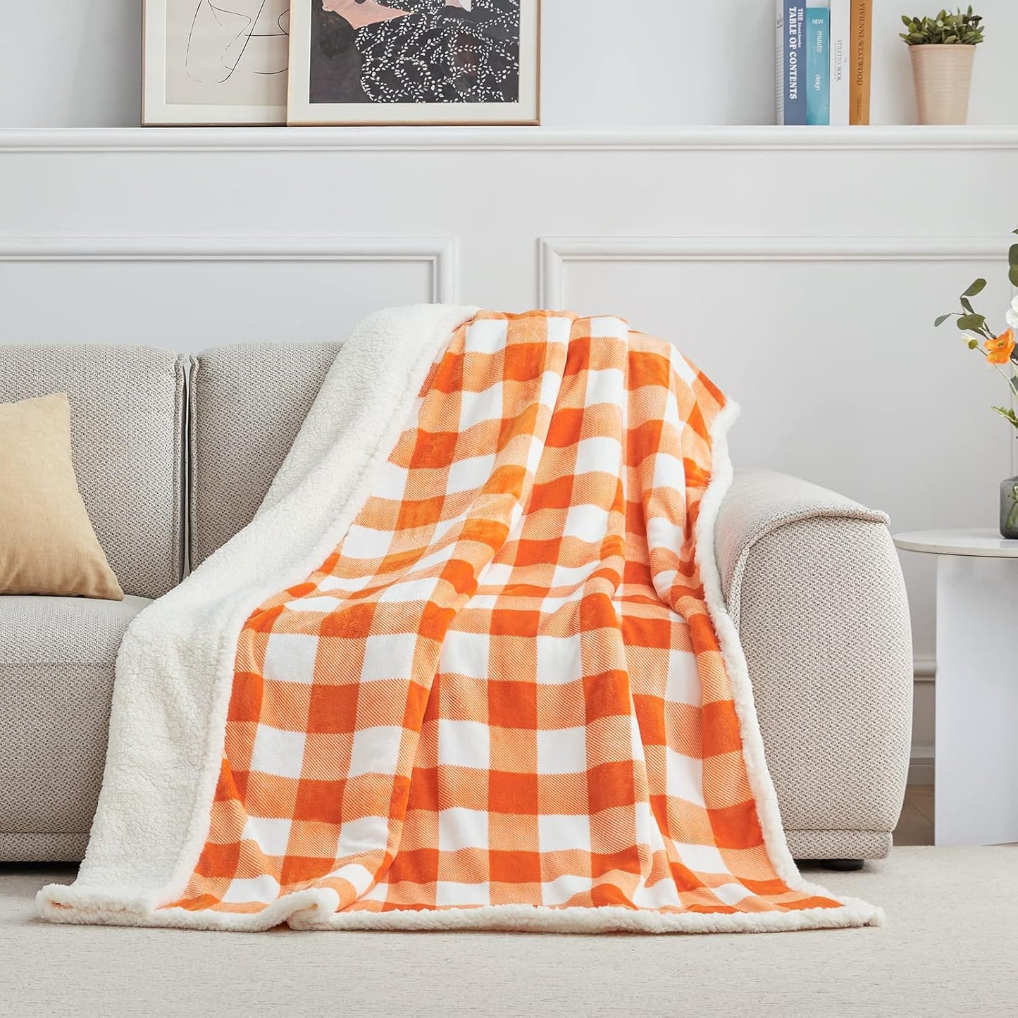 BEAUTEX Sherpa Fleece Fall Throw Blanket, Super Soft Warm Buffalo Plaid Plush Blankets and Throws, Lightweight Cozy Fuzzy Blanket Fall Decor for Couch Sofa Bed (Orange, Throw 50" x 60")