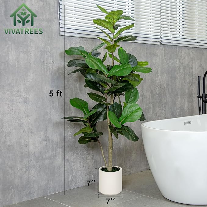 5FT Fiddle Leaf Fig Artificial Tree with White Planter Pot,Faux Floor Plant, Indoor and Outdoor Fake Plants for Home Office Decor