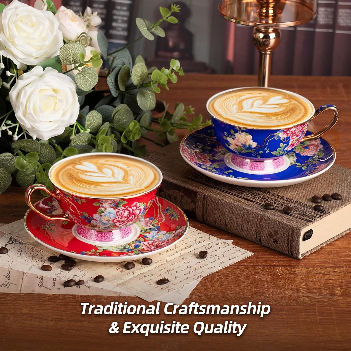 KAMMAK Ceramic Coffee Cups and Saucers Set of 2, Porcelain Espresso Cups with Saucers, 5.64 oz Handcrafted Ceramic Floral Coffee and Tea Cup, Vintage Drinkware for Tea Party, Office, Women Gifts