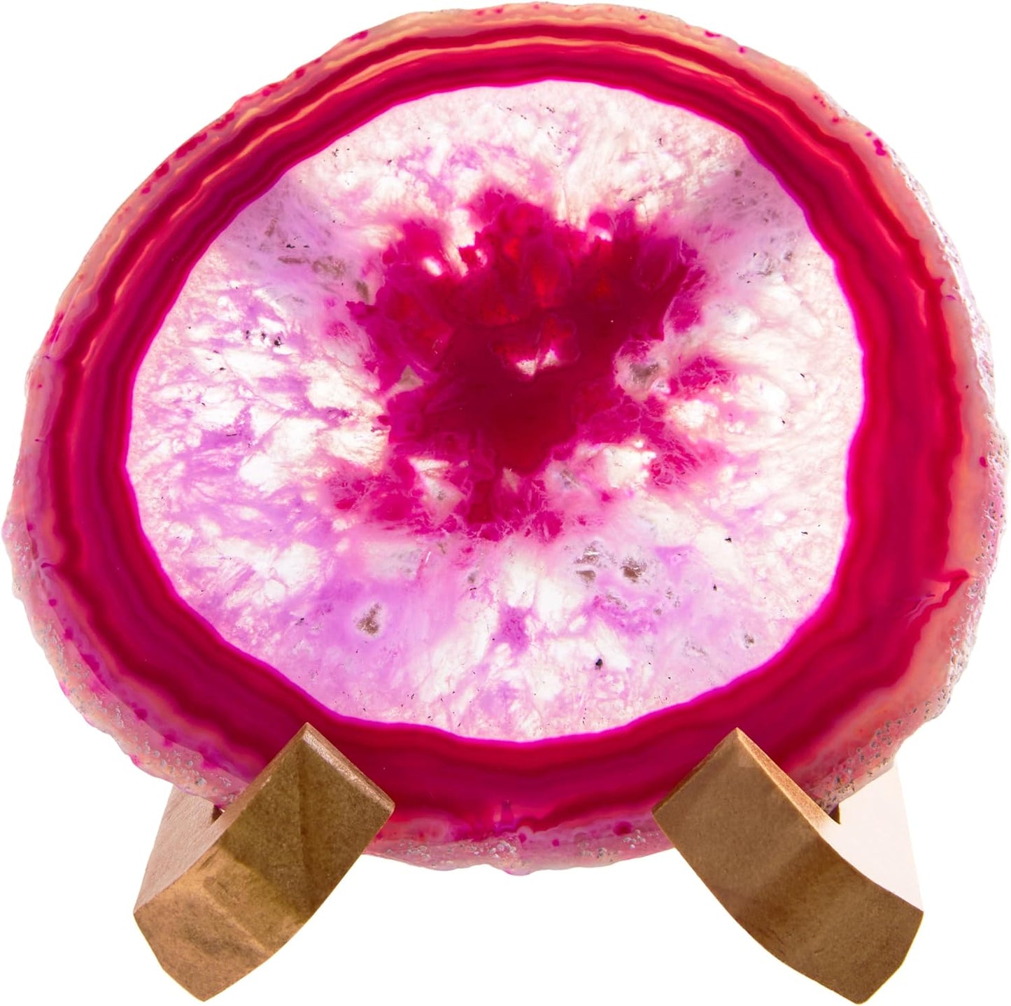 Luxury Lane Large Natural Brazilian Agate Slice Geode Rock Stone Drink Coaster with Wood Holder 4.7-5.5 inch Centerpiece Table Decoration, Rose Pink