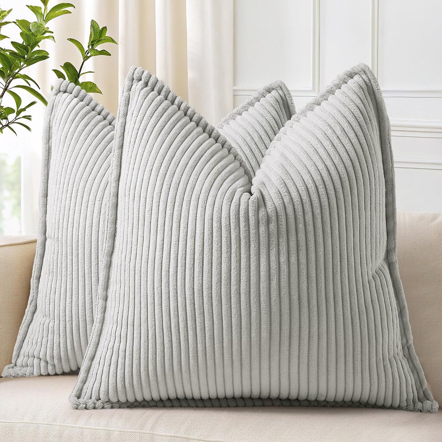 decorUhome Corduroy Grey Throw Pillow Covers 24x24 Set of 2 Decorative Soft Boho Farmhouse Euro Couch Pillow Covers for Living Room Bed Sofa Broadside Striped Pillow Cases