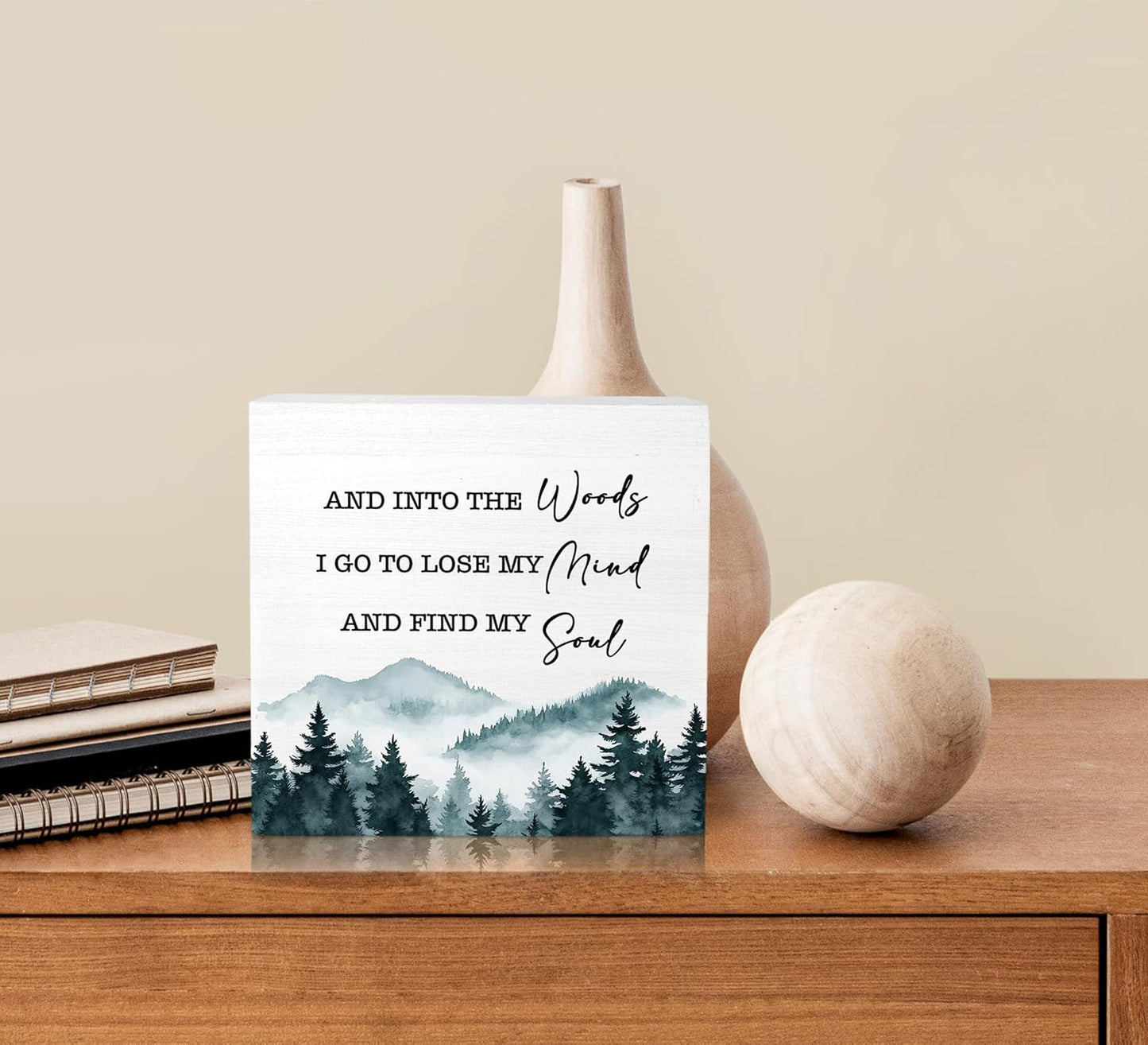 Ku-Dayi Camping Wooden Box Sign, Nature Mountain Wood Box Decorations for Home Office, Camper Accessories, Forest Into the Woods I Go to Lose My Mind Wooden Block Plaque Desk Shelf Decor 5x5 Inch