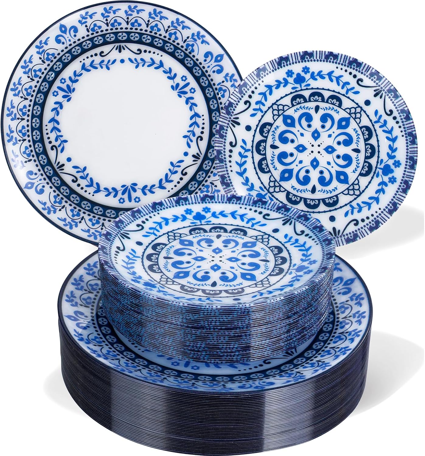 Hioasis 60pcs Blue Plastic Plates Set - Floral Blue & White Porcelain Design, 10.25" Dinner & 7.5" Dessert Plates Disposable for Wedding/Party (Dishwasher Safe, Traditional Style)