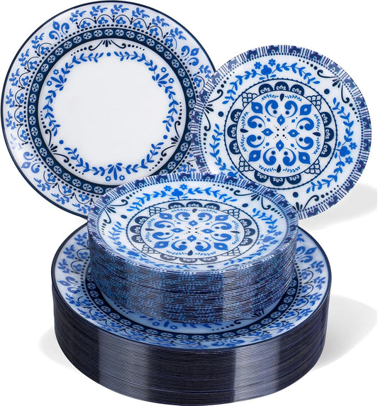 Hioasis 60pcs Blue Plastic Plates Set - Floral Blue & White Porcelain Design, 10.25" Dinner & 7.5" Dessert Plates Disposable for Wedding/Party (Dishwasher Safe, Traditional Style)