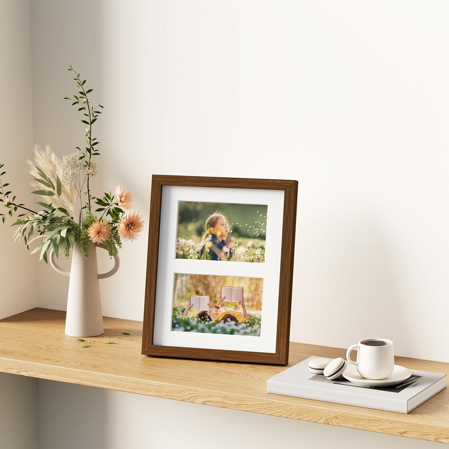 decorUhome 8x10 Picture Frames Collage Wall Decor, Display 2Pcs 4x6 Photos with Mat or 1Pcs 8x10 Unmatted, 2 4x6 Collage Picture Frames for Wall Mounting, Brown