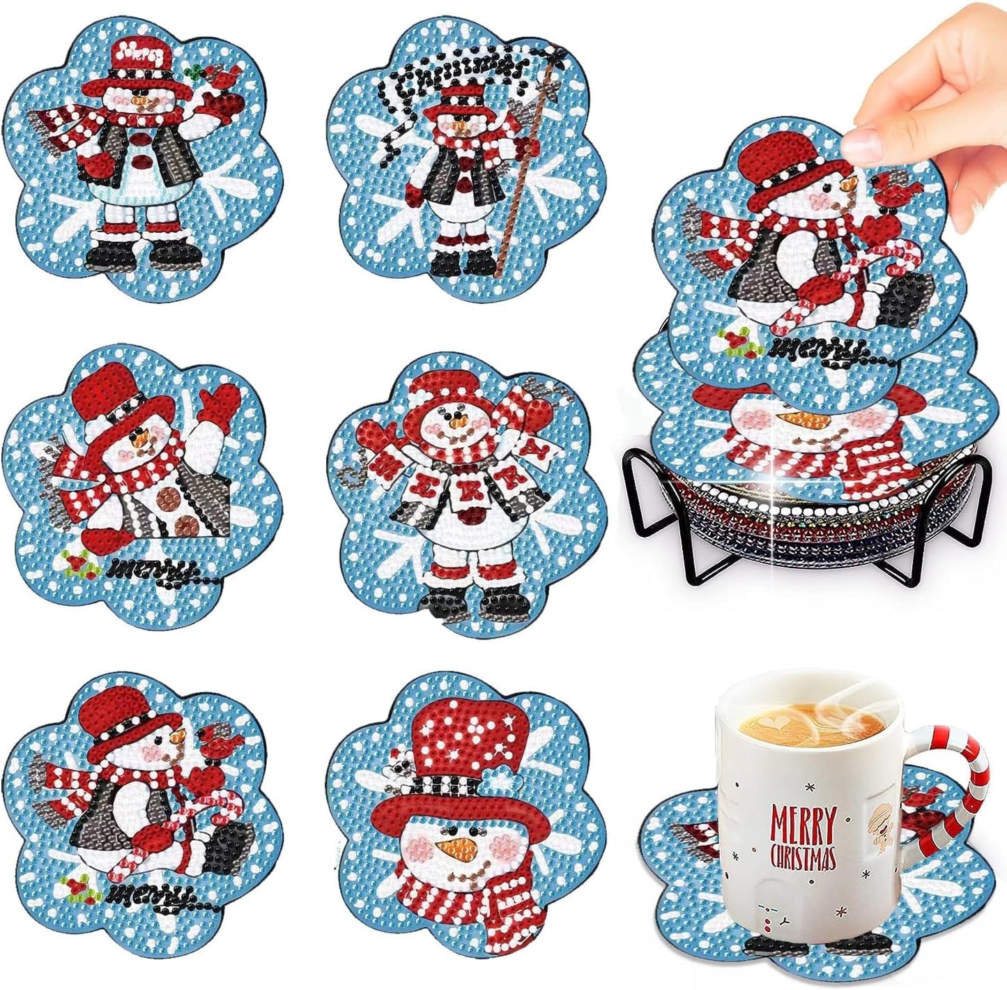 Meothan 6 Pcs Diamond Art Coaster Kits With Holder - Christmas Snowman Diamond Painting for Adults Beginners - 5D Gem Art Dots Paintings With Cork Pads - Crafts Supplies