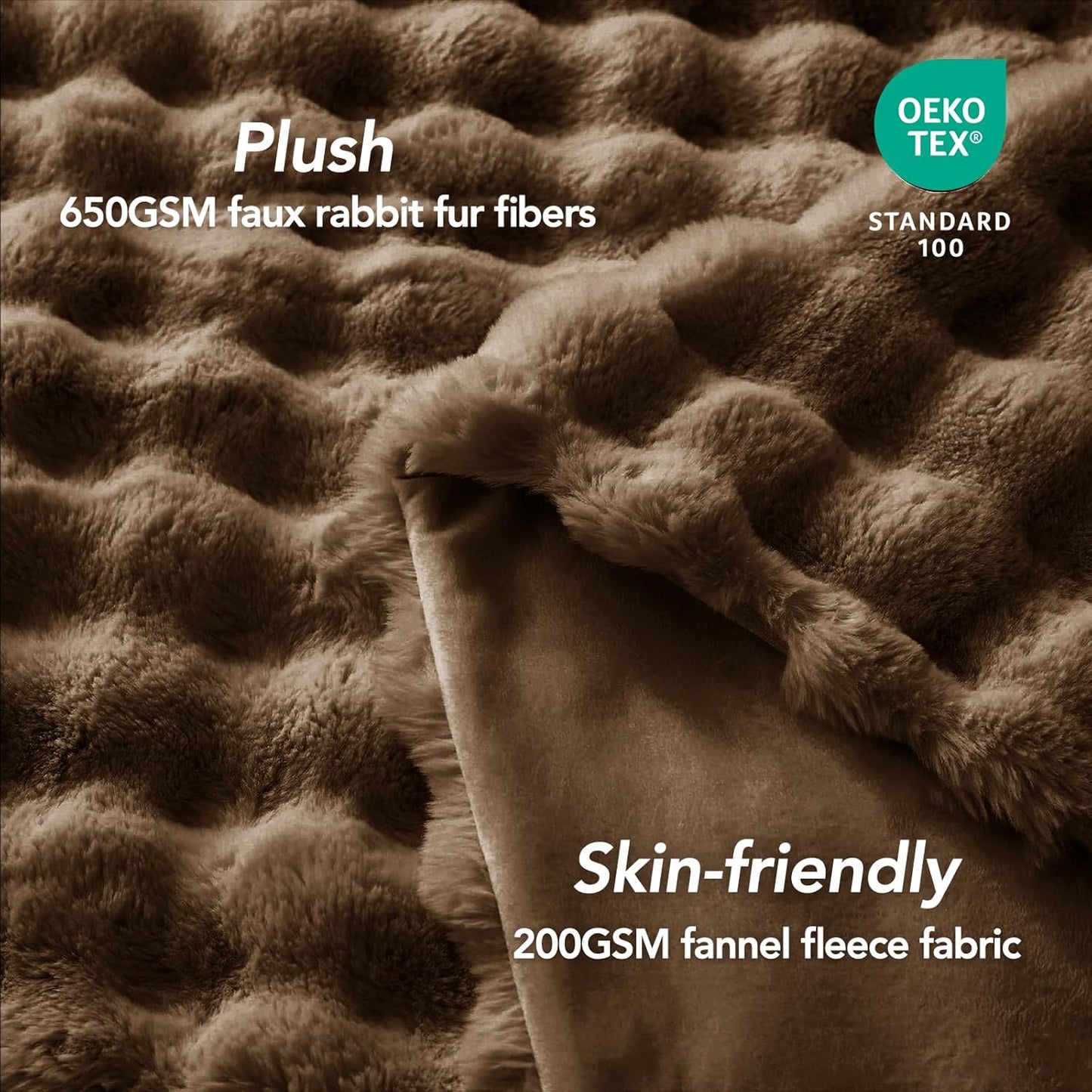 L'AGRATY Faux Rabbit Fur Blanket: 90" x 90" Queen Luxury Soft Fluffy Thick Fur Throw Blanket for Couch Bed Sofa - Cozy Plush Bubble Blankets for Winter: Flannel Fleece Decorative Blanket(Cocoa Brown)