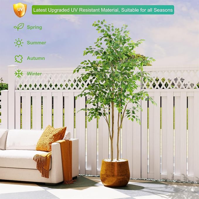 Tall UV Resistant Ficus Tree Artificial，7ft(84in) Realistic Texture Potted Faux Ficus Tree， Fake Trees Indoor Outdoor for Home Office Living Room Bedroom Foyer Porch Decor.