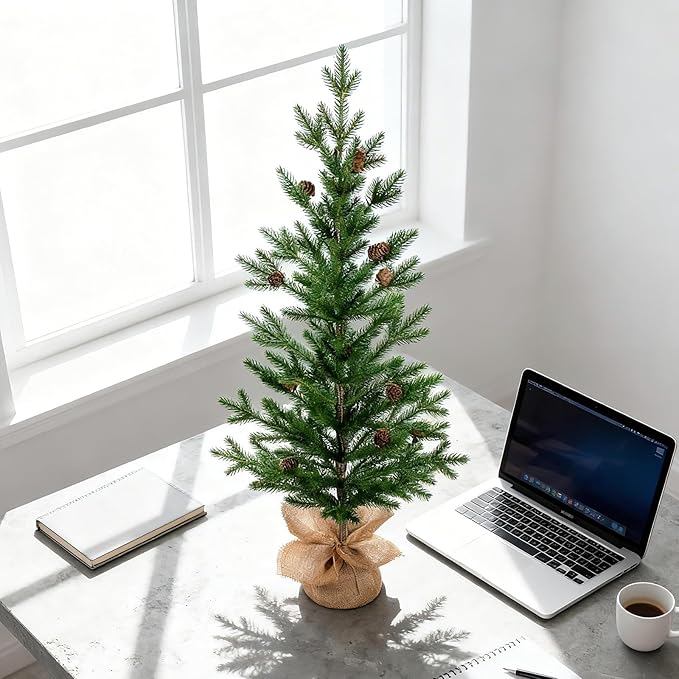 3FT Tabletop Artificial Christmas Tree, 209 Realistic PE Branches, Pine Cone Decorations, Unlit, Cement Base Wrapped in Burlap, Green