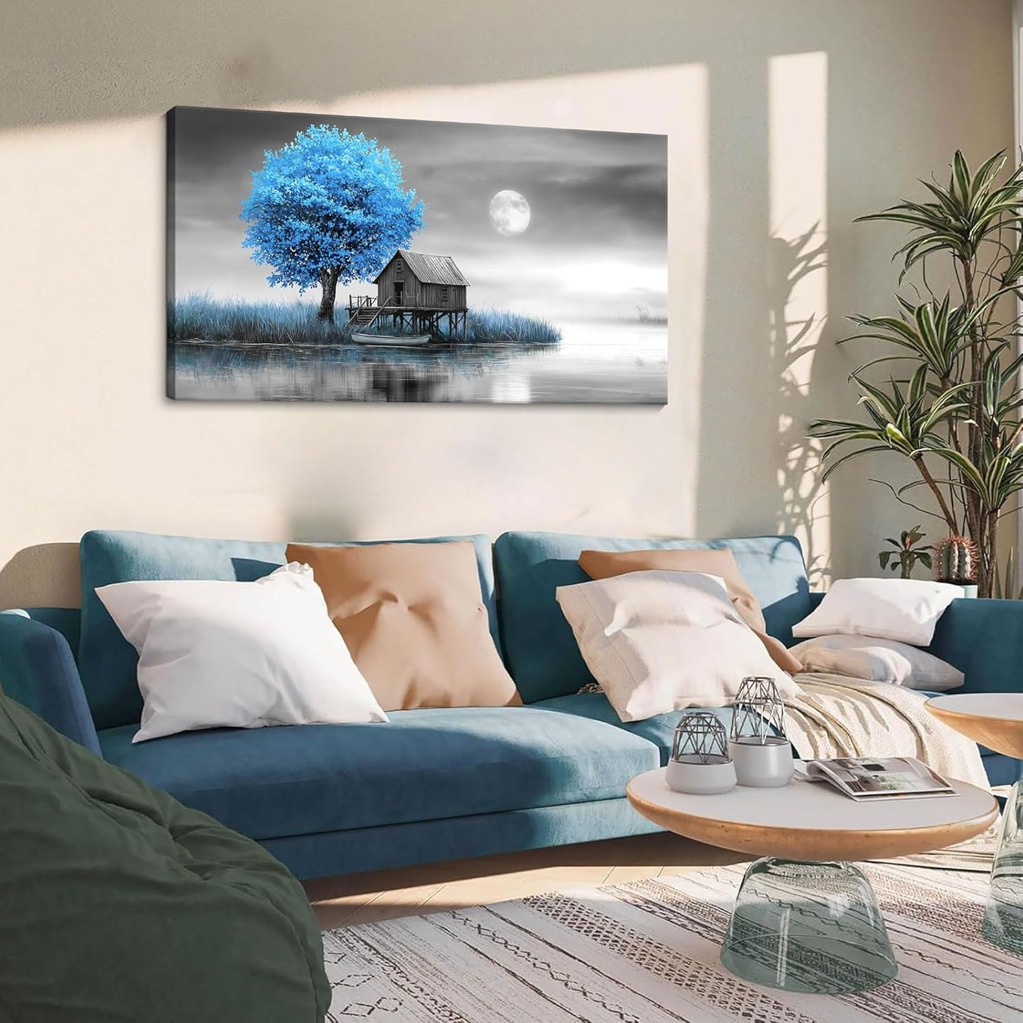 JEAWA Landscape Canvas Wall Art Decor - Blue Gray Wall Art for Bathroom Bedroom Study Dining Room, Winter Wall Art Canvas Paintings, Moon Pictures Wall Decor, Tree Art Wall Decor, 20x40 IN