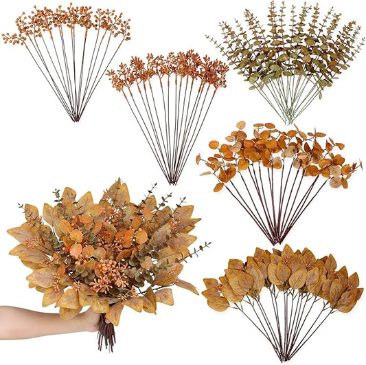 120 Pcs 5 Kinds Mixed Artificial Eucalyptus Leaves Stems and Fake Berry Bulk for Fall Decorations,Faux Plants Bundle for DIY Bouquets Floral Arrangement Wedding Engagement Party Autumn Decor (Orange)