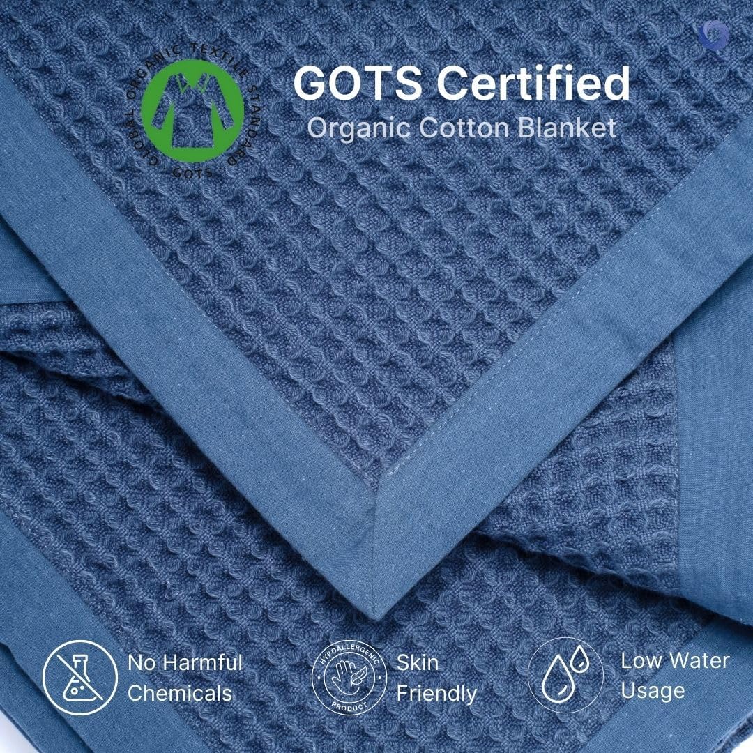 GOTS Certified Organic Cotton Waffle Weave Blanket, Queen Bed Size, 90"X90"Cozy Throw Blanket for Couch, Modern Home Decor Throw Blankets,Comfy Waffle Blanket Soft Bed Blankets -Navy Blue