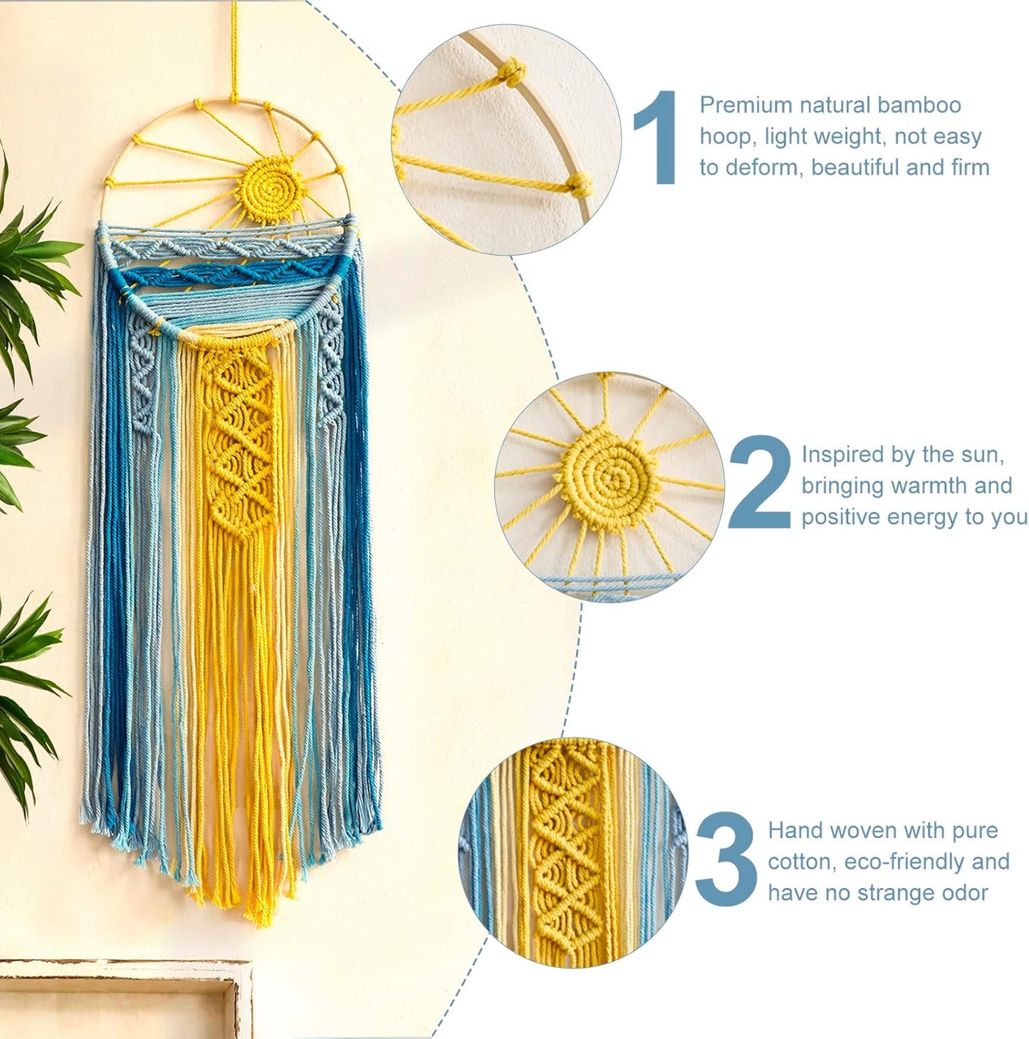 Mcrame Blue Sun Boho Wall Hanging Tapestry Sunset Art, Boho Woven Tapestry Big Dream Catcher Colorful Decor for Bedroom, Living Room, Nursery