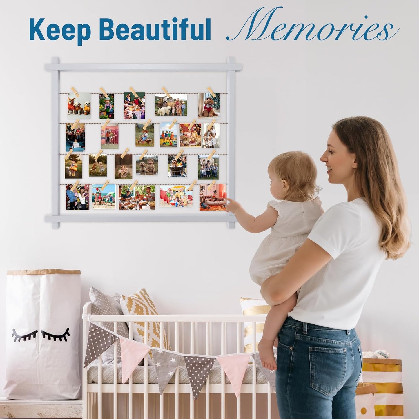 Collage Picture Frame for Nursery,Photo Display Board for Kids,Hanging Pictures Frames with Clips for Kid Graduation Birthday Party,Children Room Wall Decor,Upgraded,Easy To Assemble,(Gray White)