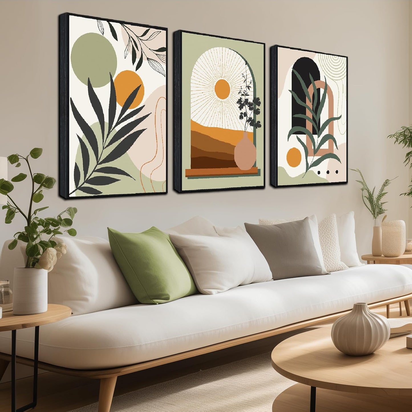 Green Boho Artwork for Walls Bohemian Wall Decor for Bedroom Plant Wall Art for Living Room with Black Frame Size 20 x 30 Inch 3 Panels