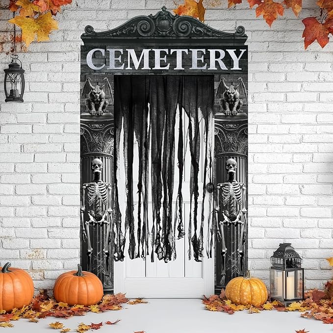 4 Pcs Halloween Cemetery Archway Door Cover Decoration Kit - Large Cemetery Front Door Banner Scary Gauze Cover for Indoor Outdoor Archway Garage Haunted House Party Trunk or Treat Car Decor