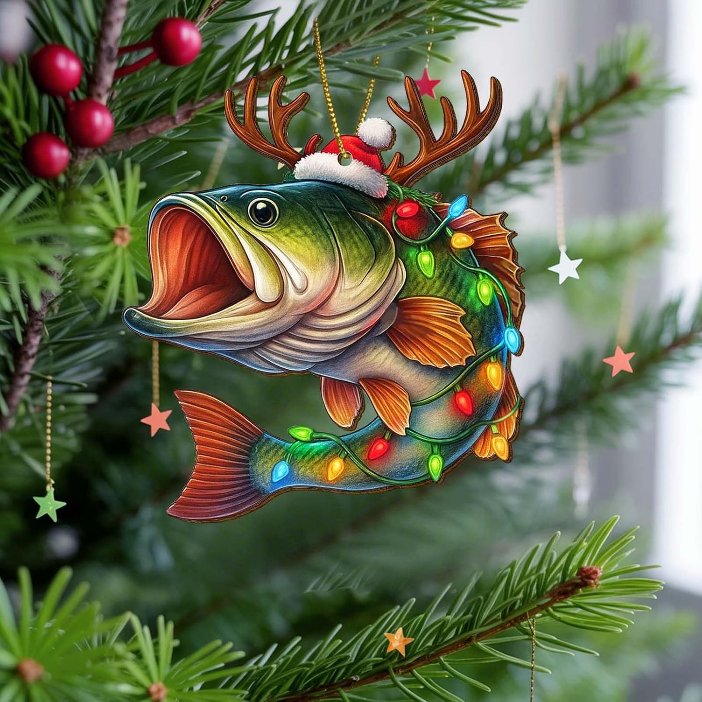 Funny Bass Fishing Ornament, Wooden Christmas Tree Decoration for Fishermen, Holiday Keepsake Gift for Men, Fish Lover Ornaments
