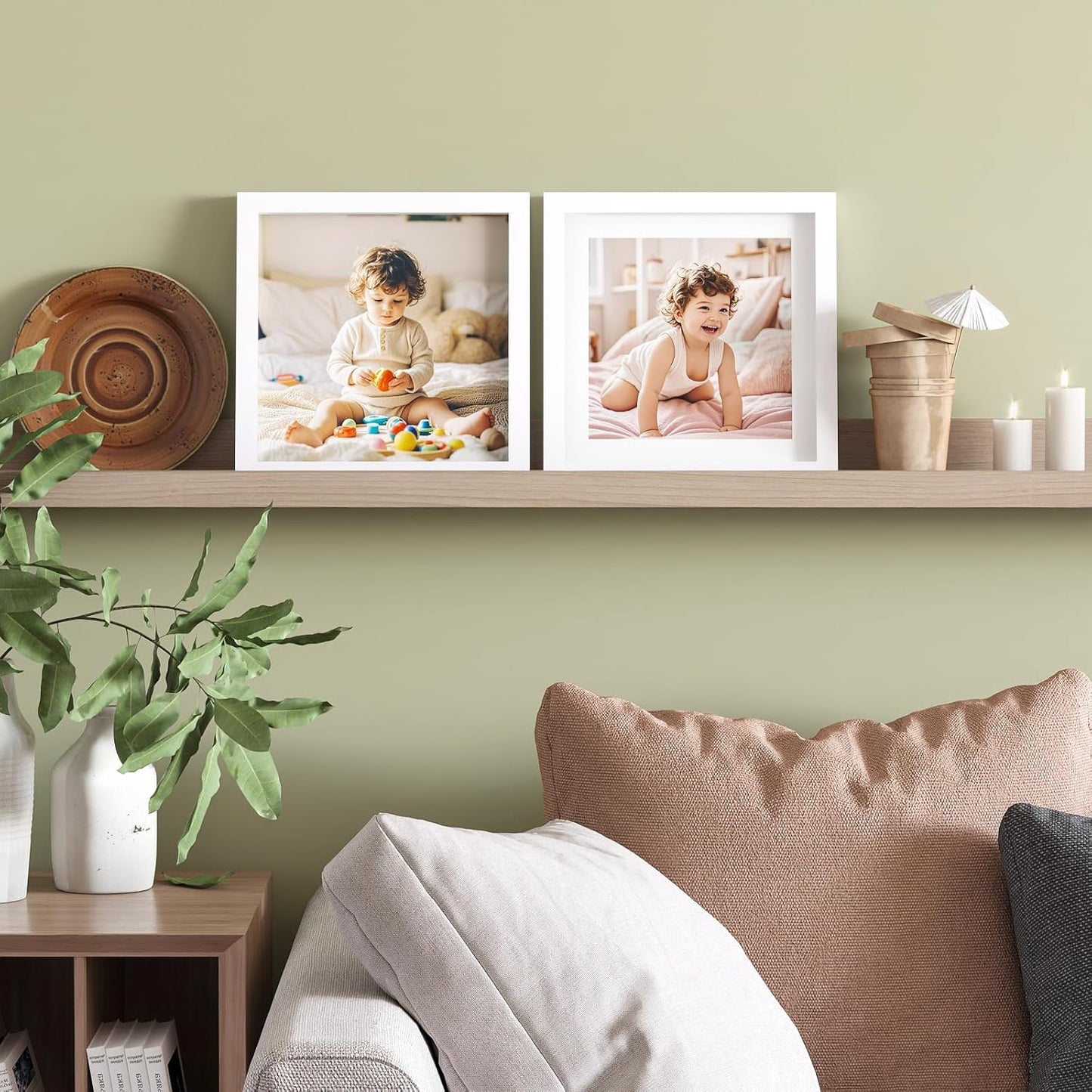 KINLINK 9x9 Picture Frame, White Square Solid Wood Frames for Pictures 7x7 with Mat or 9x9 without Mat, Wall and Tabletop Display Photo Frames White 4 Pack