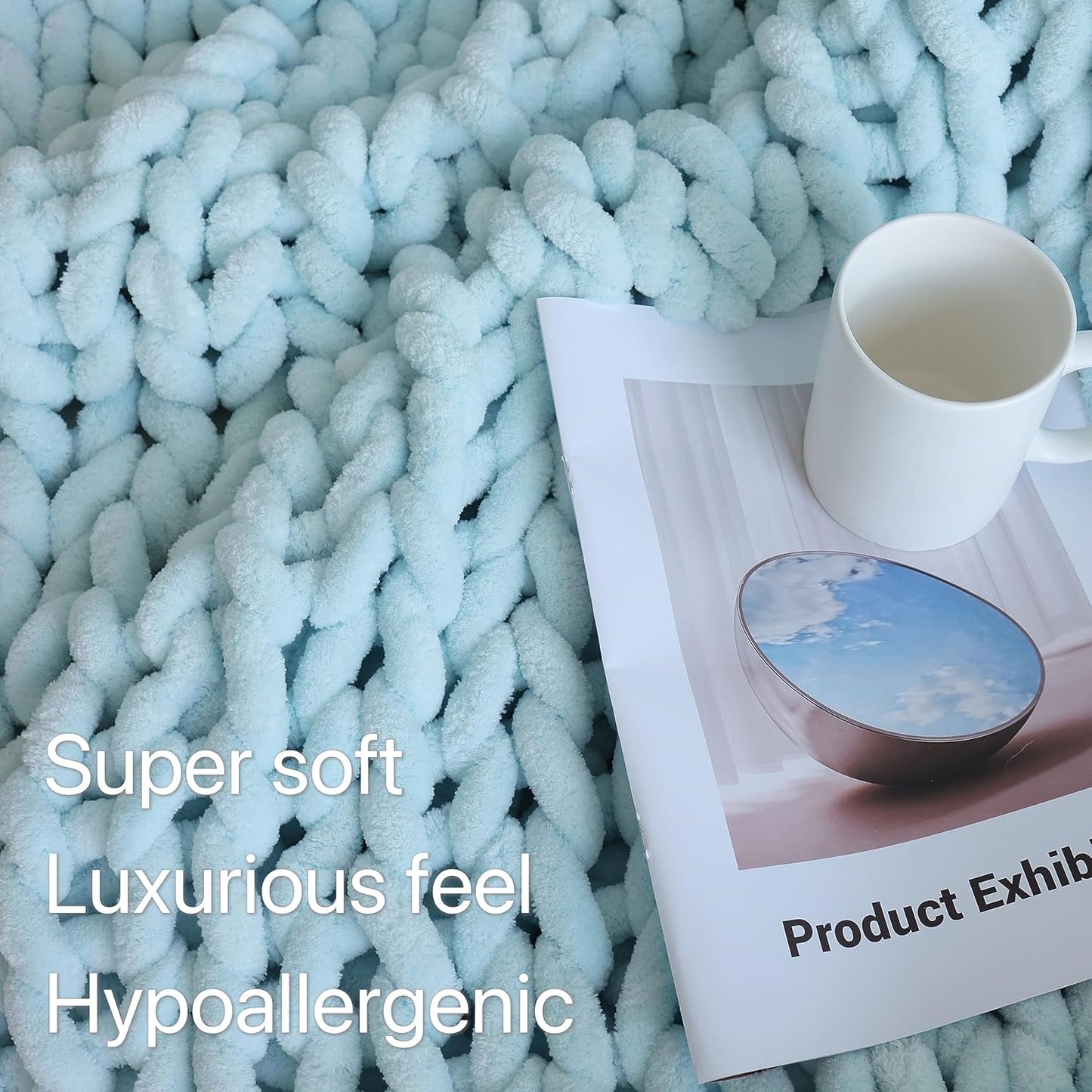 Maetoow Chenille Chunky Knit Blanket Throw （60×80 Inch）, Handmade Warm & Cozy Blanket Couch, Bed, Home Decor, Soft Breathable Fleece Banket, Christmas Thick and Giant Yarn Throws, Baby Blue