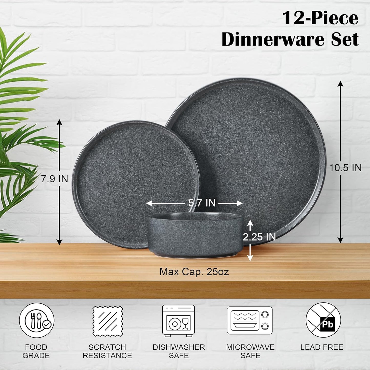 E-far Stoneware Dinnerware Sets for 4, 12-Piece Reactive Glaze Plates and Bowls Sets, Kitchen Ceramic Dishes Dinning Ware, Microwave & Dishwasher Safe, Deep Gray
