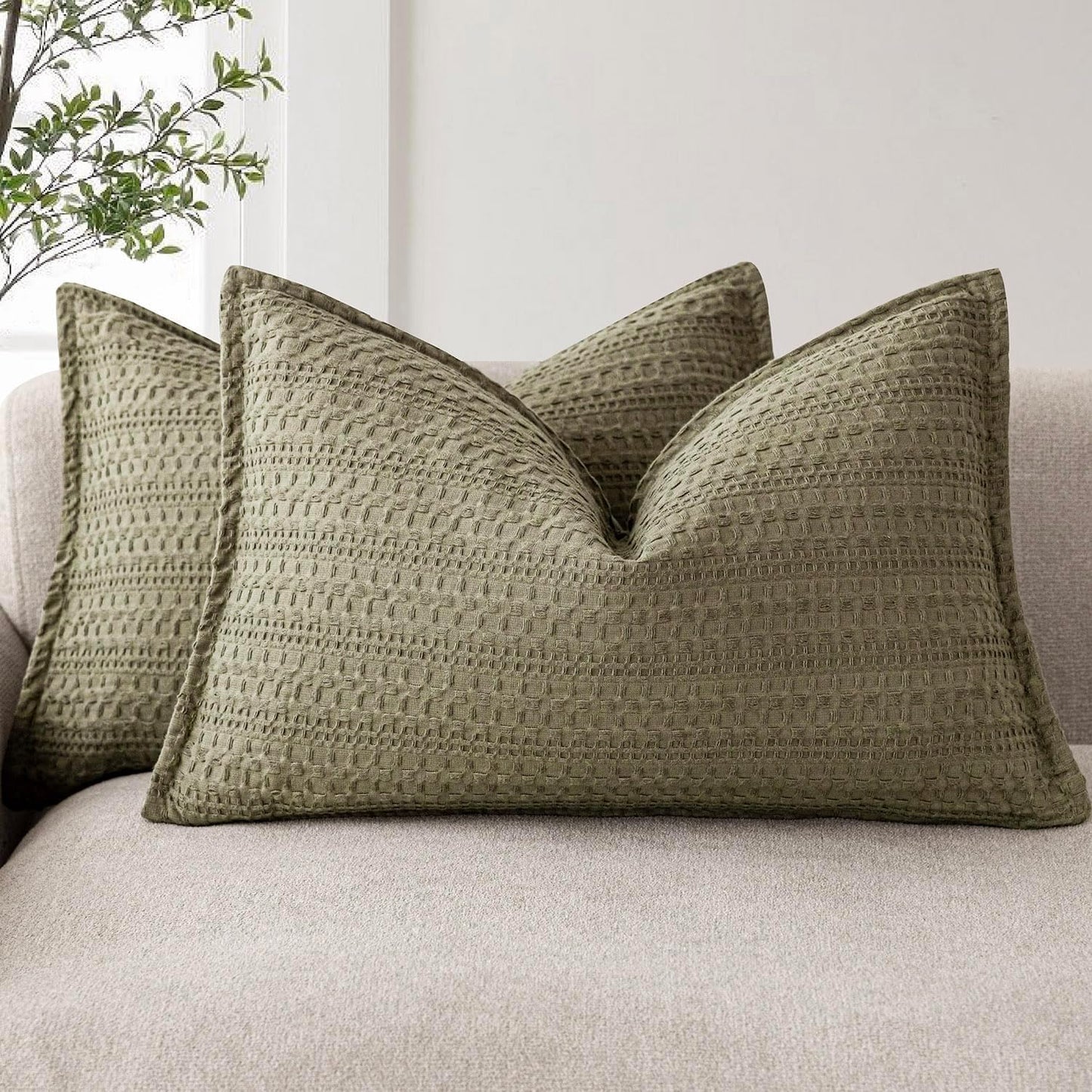 Foindtower Set of 2 Decorative Cotton Waffle Weave Lumbar Throw Pillow Covers Euro Shams Cushion Covers Accent European Pillowcase for Bed Couch Bedroom Living Room Home Decor 12×20 Inch Olive Green