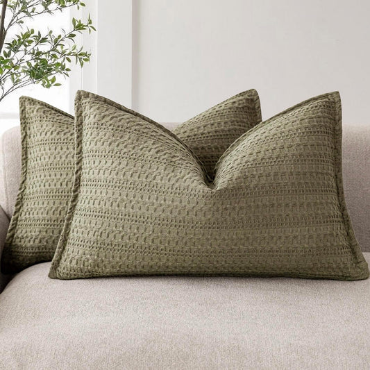 Foindtower Set of 2 Decorative Cotton Waffle Weave Lumbar Throw Pillow Covers Euro Shams Cushion Covers Accent European Pillowcase for Bed Couch Bedroom Living Room Home Decor 12×20 Inch Olive Green