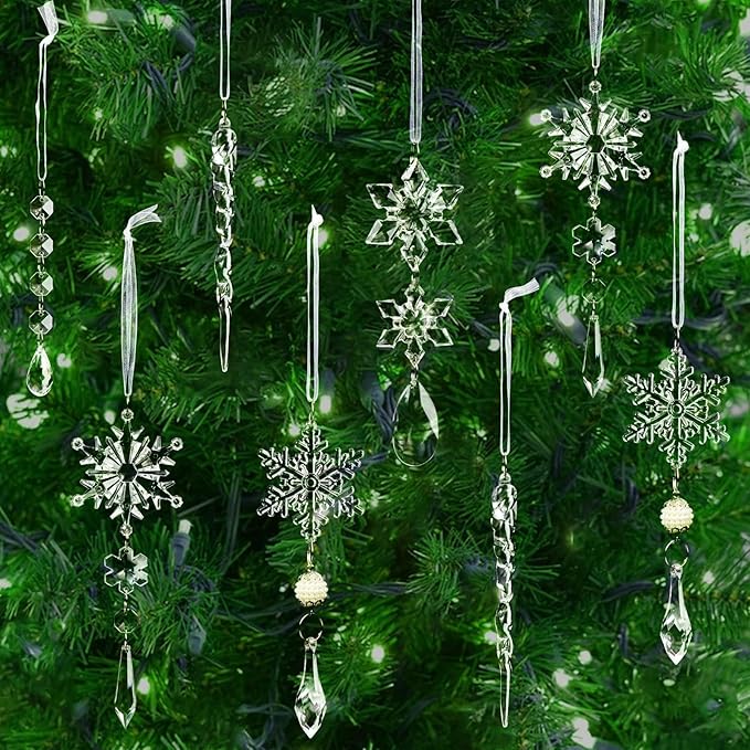 18pcs Christmas Tree Decoration Crystal Ornaments - Hanging Acrylic Christmas Snowflake Icicle Drop Crystal Ornaments for Xmas Tree Winter New Year Party Supplies