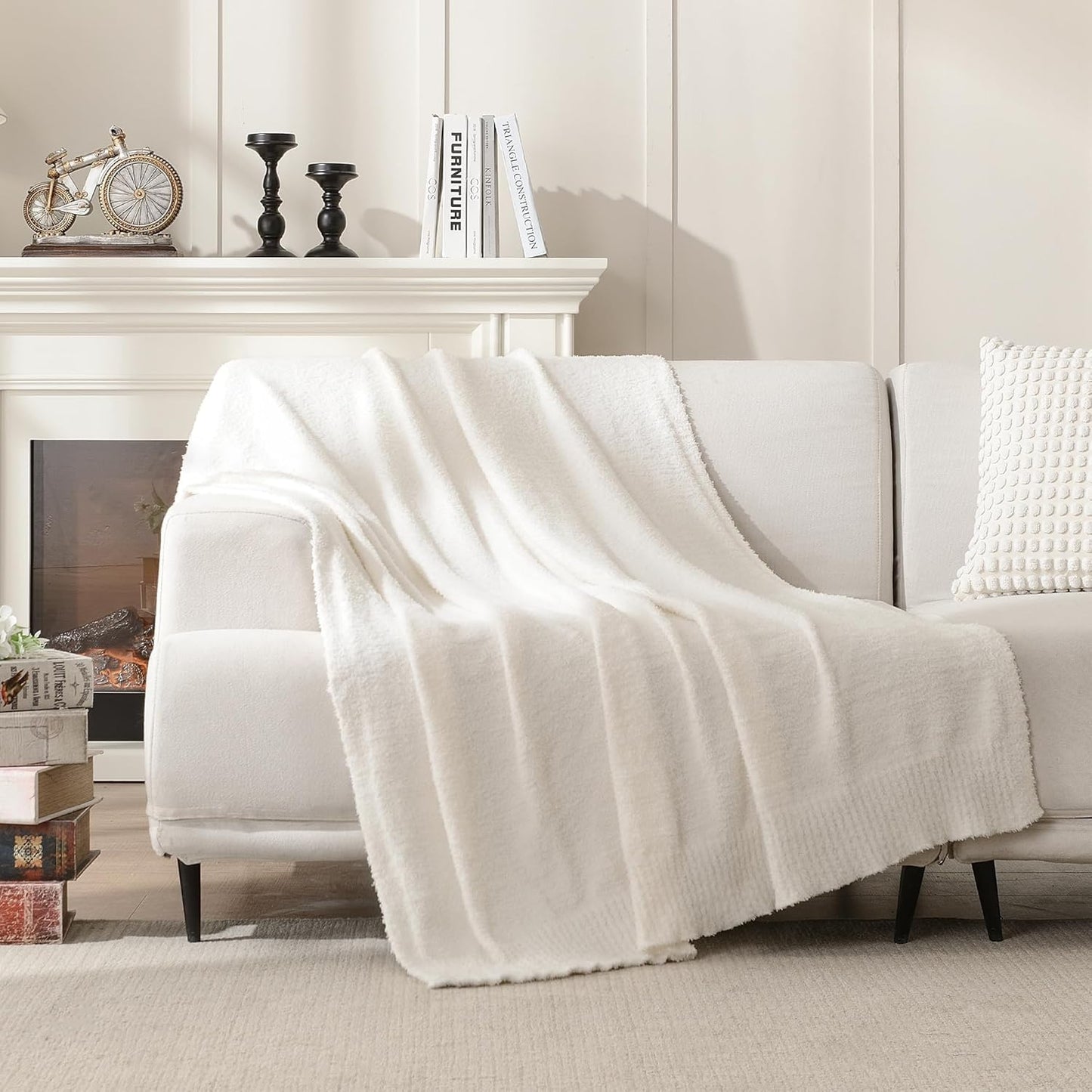 Knit Throw Blanket Super Soft Warm Blanket for Couch Lightweight Fluffy Blanket for Bed Sofa 50x60 Inches Cream
