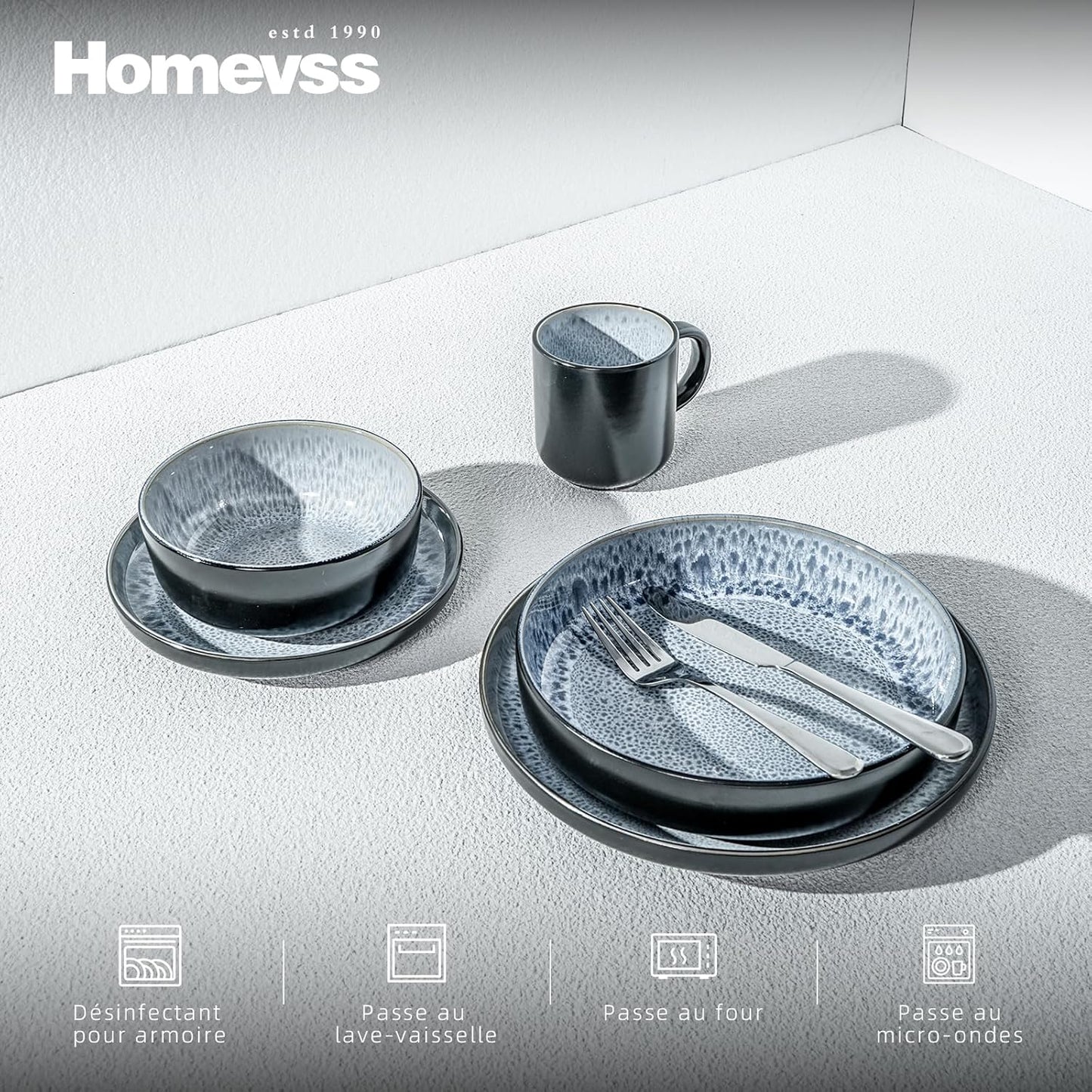 Euro-Nordic Stoneware 20pc Dinnerware Set, Reactive Glaze Bubble Frost