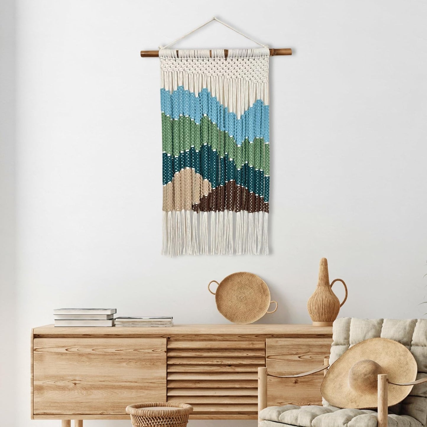 Knots & Beyond Boho Macrame Wall Hanging Green & Blue, Woven Tapestry Wall Decor, Fabric Wall Art for Living Room, 22" x 28"