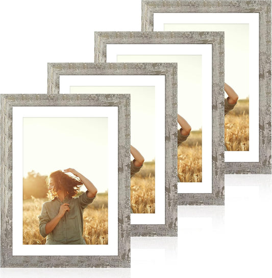 iRahmen 10x14 Picture Frame Set of 4 with Tempered Glass, Distressed Moss Green Frames Display 8x12 Picture with Mat or 10 x 14 Without Mat, Rustic Wood Photo Frames for Wall Mounting