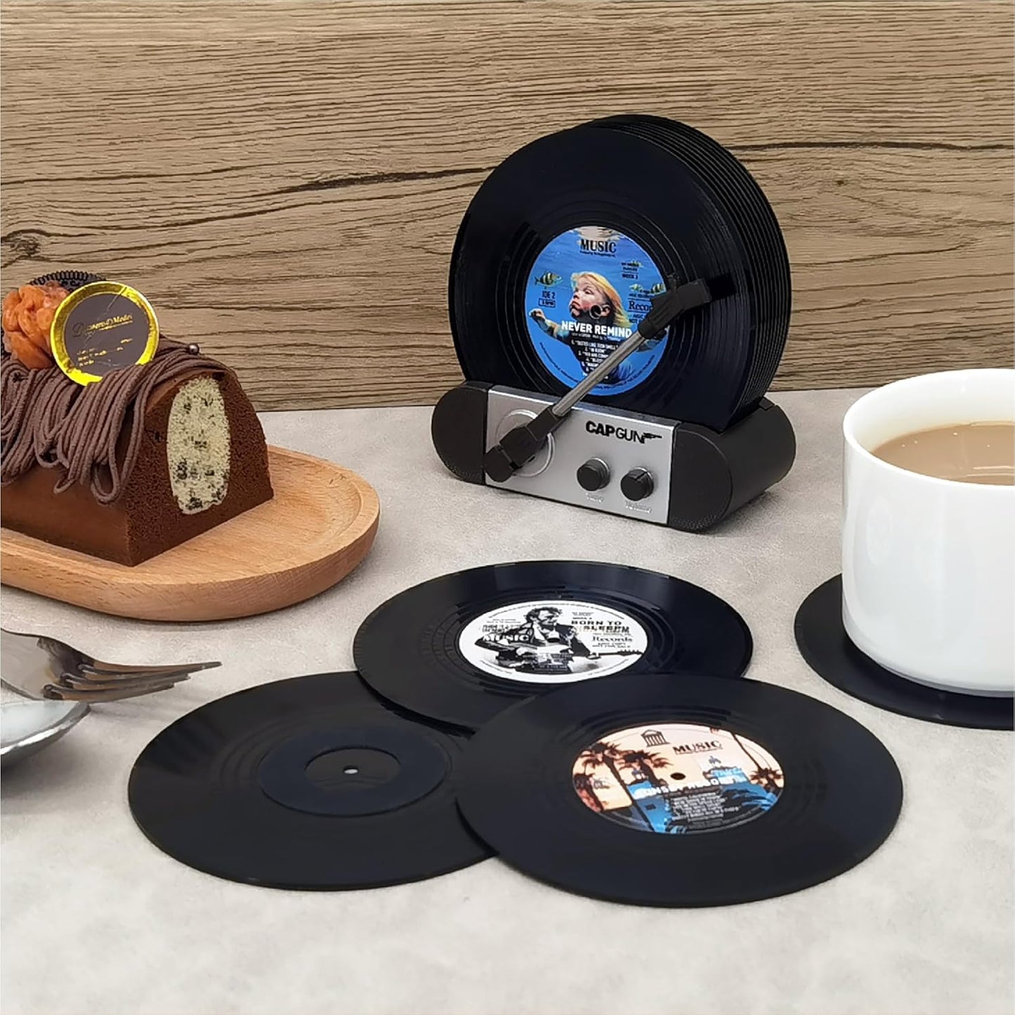 Funny Retro Vinyl Record Coasters, Creative Drink Coasters Set of 12 with Vinyl Record Player Holder for Music Lovers, Housewarming Hostess Gifts, Birthday and White Elephant Gifts Ideas