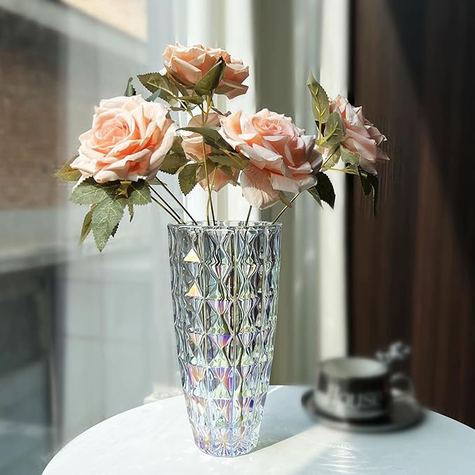 Unique Diamond-Shaped Colorful Glass Flower Vase 11.8" Tall for Home Decor, Dining Wedding Table Office Holiday Party Centerpiece Decoration.